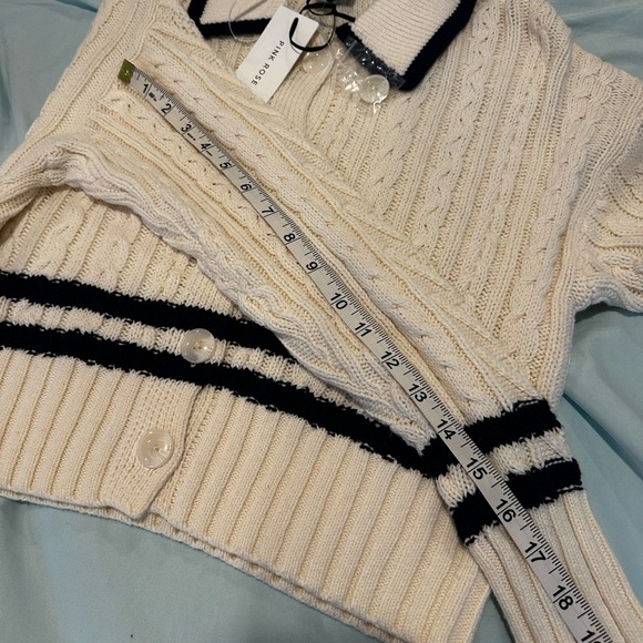 NWT Pink Rose Preppy Cream & Navy  Cable Knit Collared Cardigan. Ribbed Hem XS. - Picture 4 of 15